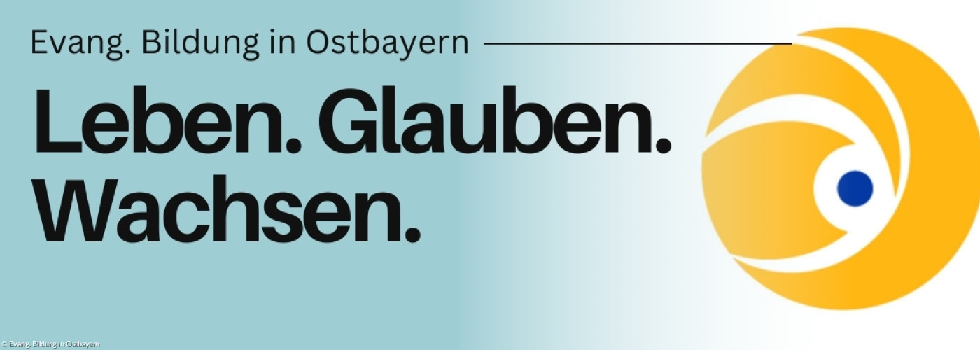 Logo der Evangelischen Bildung in Ostbayern gelber kreis mit blauem Punkt.