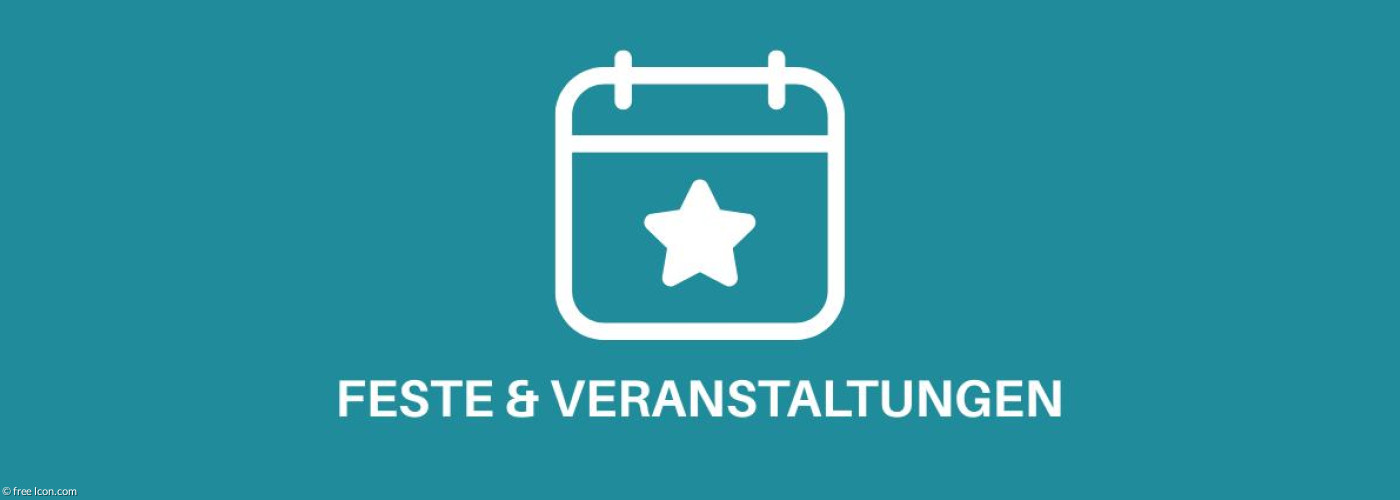 Icon mit einem Kalender und ein Stern darin. Darunter steht in Großbuchstaben Feste & Veranstaltungen.
