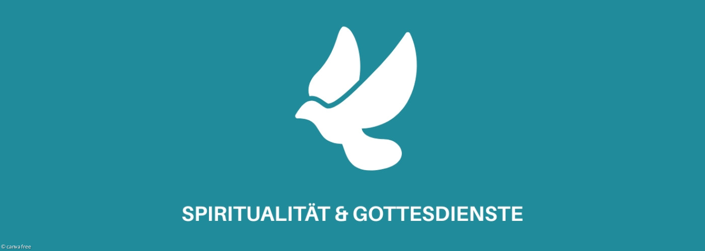 Icon Taube in weiß. Darunter steht in Großbuchstaben in weiß: Spiritualität & Gottesdienste