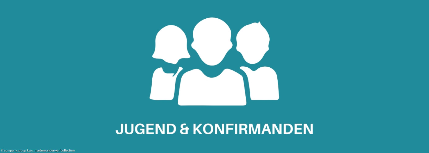 Icon in wei mit drei Personen verschiedenen Geschlechts. Darunter steht in weißen Großbuchstaben: Jugend & Konfirmanden.