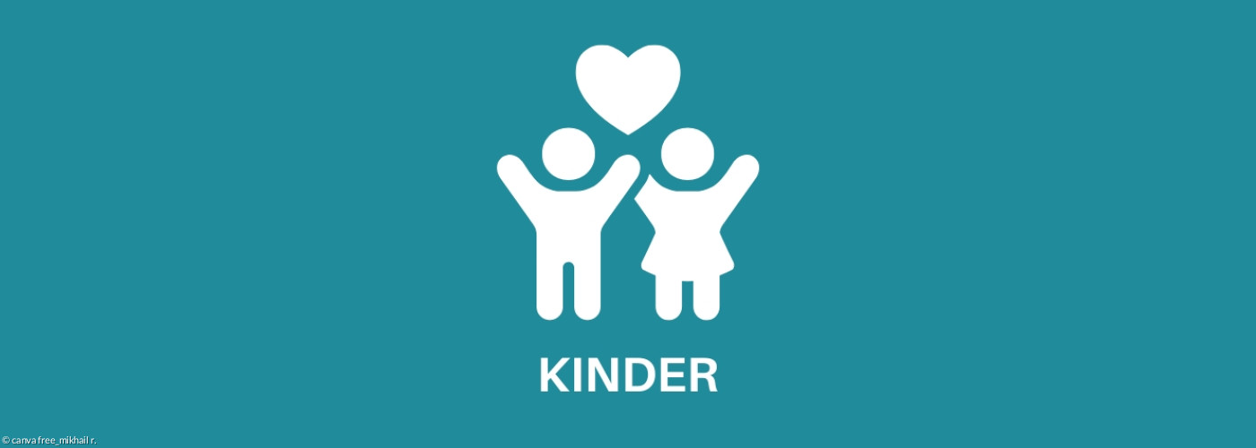 Icon in weiß mit zwei Kindern und einem Herz zwischen sich. Darunter steht in weißen Großbuchstaben: Kinder