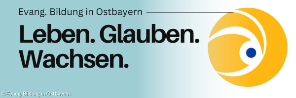 Logo der Evangelischen Bildung in Ostbayern gelber kreis mit blauem Punkt.