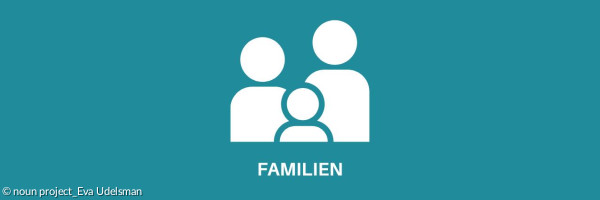 Icon mit drei Personen, davon eine kleiner als die anderen beiden. Darunter steht in Großbuchstaben: Familien