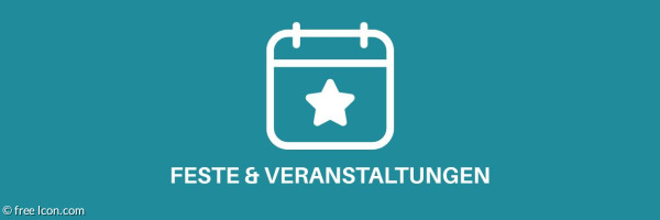 Icon mit einem Kalender und ein Stern darin. Darunter steht in Großbuchstaben Feste & Veranstaltungen.