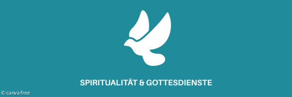 Icon Taube in weiß. Darunter steht in Großbuchstaben in weiß: Spiritualität & Gottesdienste
