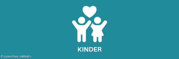 Icon in weiß mit zwei Kindern und einem Herz zwischen sich. Darunter steht in weißen Großbuchstaben: Kinder