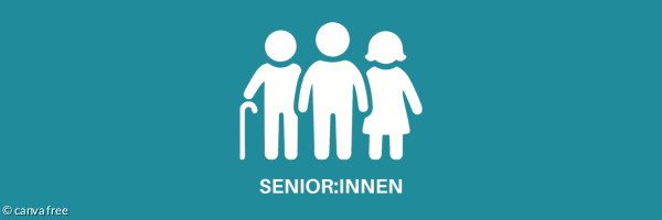 Icons in weiß drei Senior:innen, einer davon mit Gehstock. Darunter steht in weißen Großbuchstaben: Senior:innen