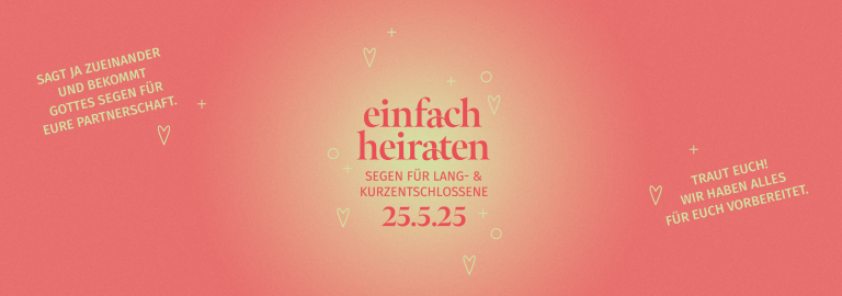 Banner einfach heiraten mit orangen Hintergrund mit gelben Lichtpunkt und darauf mit roter Schrift "einfach heiraten 2025"