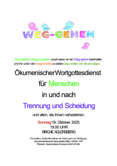 Buntes Plakat für den Gottesdienst unter dem Motto "Weg-gehen". Einem Ökumenischen Wortgottesdienst