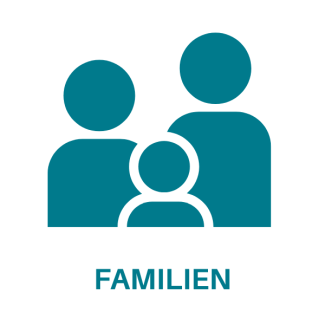 Drei Personen als Icons. zwei größer eine kleiner. Darunter steht in Großbuchstaben Familien