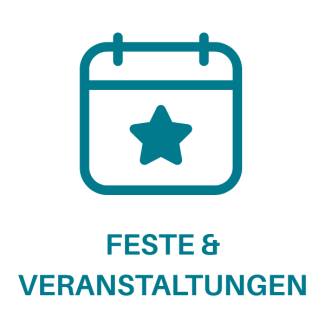 Ein Kalender mit einem Stern darin. Darunter steht in Petrol Feste & Veranstaltungen.