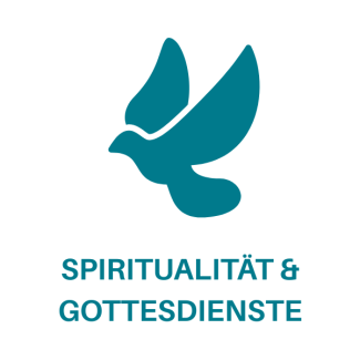 Icon einer Taube. Darunter steht in Großbuchstaben Spritiualität & Gottesdienste