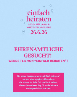 Aufruf in Hellblau mit Pinker Schrift: Einfach heiraten am 26.06.2026. Ehrenamtliche gesucht! Werde Teil von einfach heiraten
