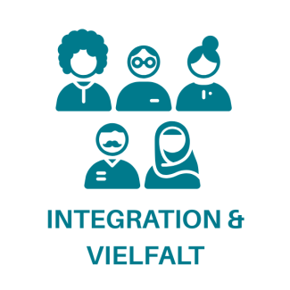 Icons mit verschiedenen Personen mit verschiedenen Geschlechtern und Frisuren. Darunter steht in Großbuchstaben Integration & Vielfalt.