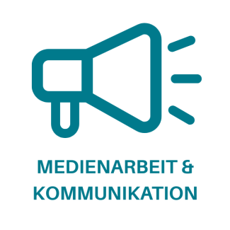 Icon eines Megafons. Darunter steht: Medienarbeit und Kommunikation.