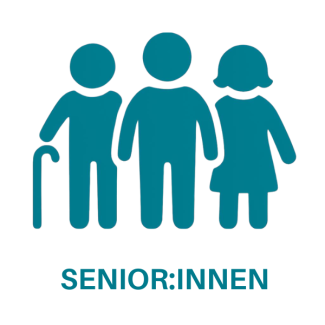 Icons mit Männer und Frauen. Einer davon hat einen Gehstock. Darunter steht in Großbuchstaben: Senior:innen.