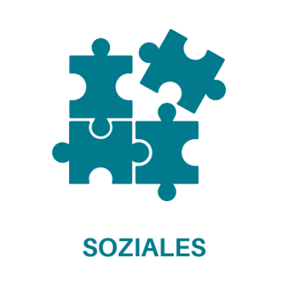 Icon mit Puzzleteilen, die ineinander greifen. Darunter steht in Großbuchstaben: Soziales.