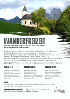 Plakat der Wanderfreizeit mit Kirche in den Bergen als Foto darauf.